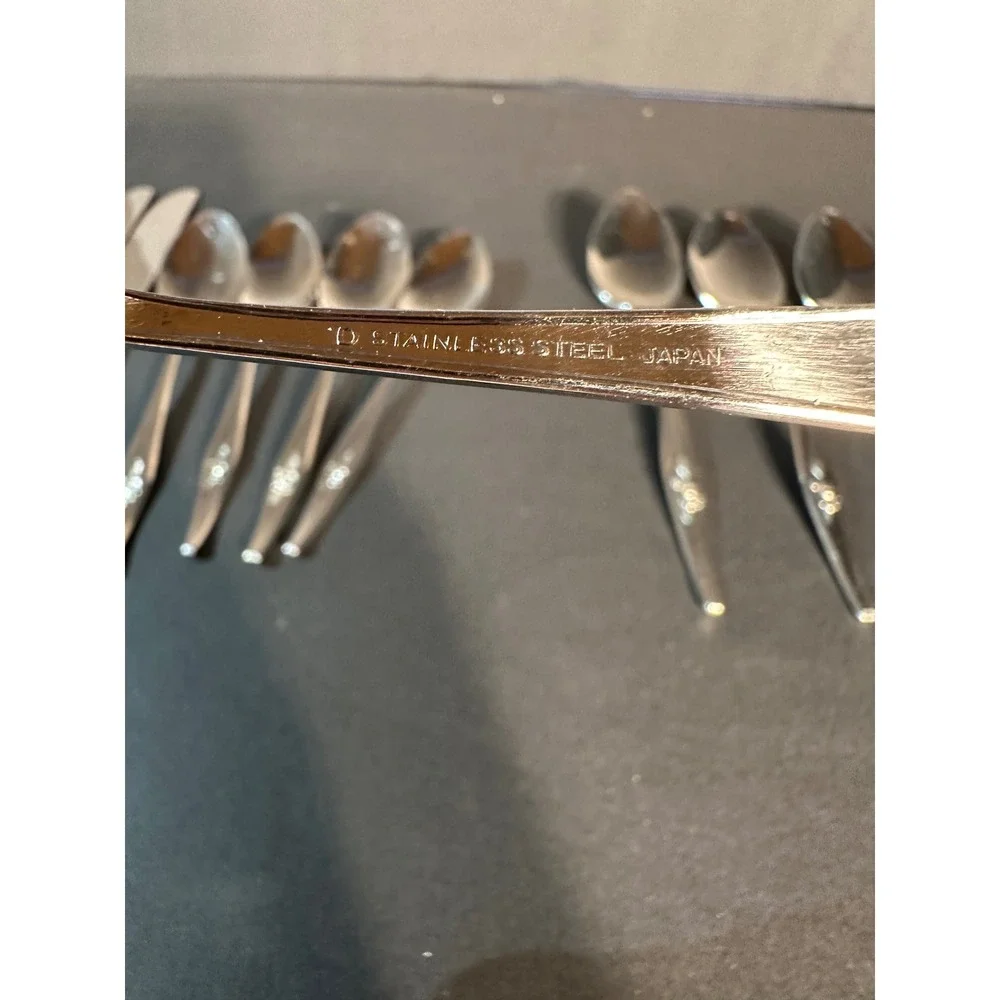 Vintage Japan Stainless Steel Flatware Rose Embossed Floral 15 Piece Mixed Lot